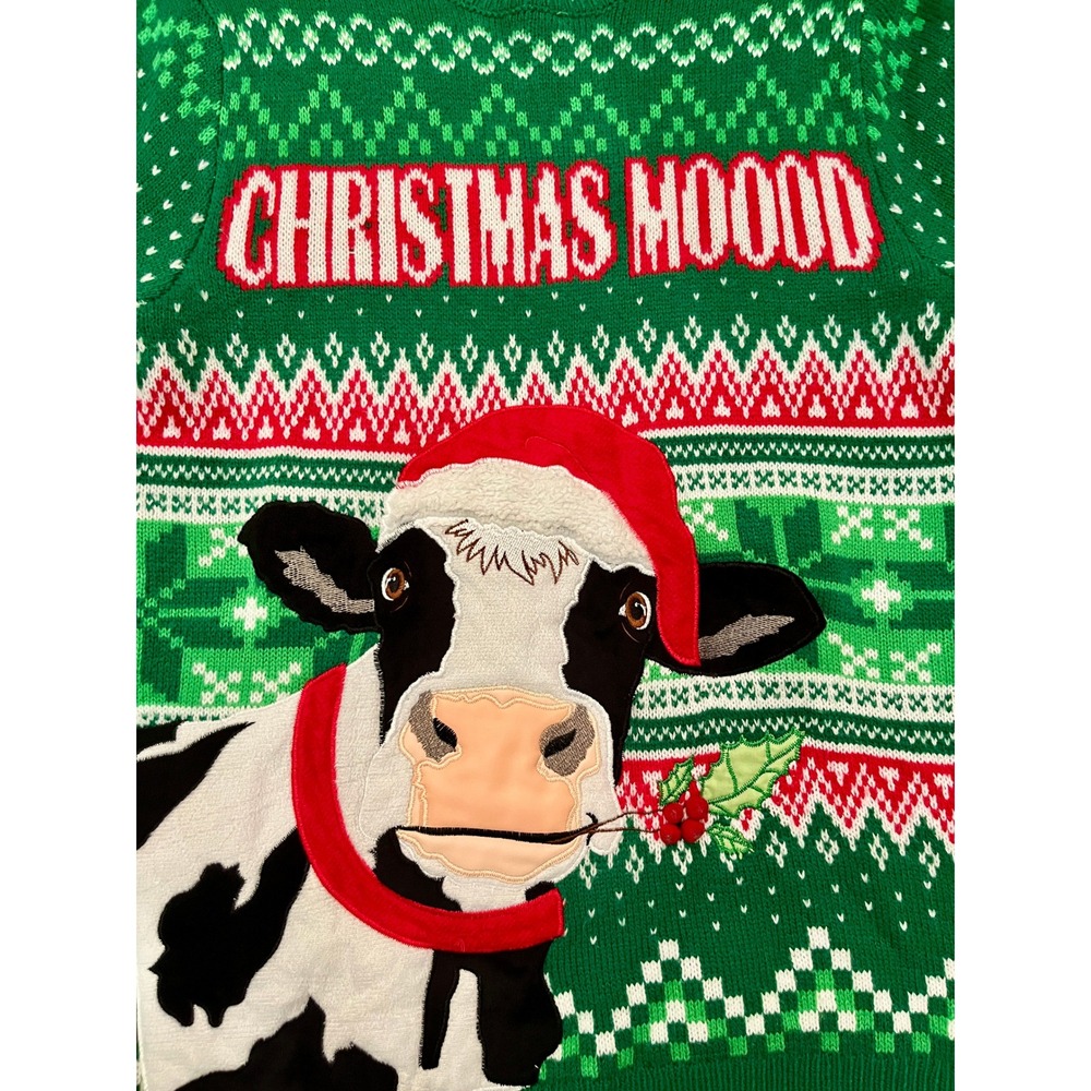 Holiday Time Christmas MOOOD Cow Ugly Sweater Mens S Green Excellent Festive